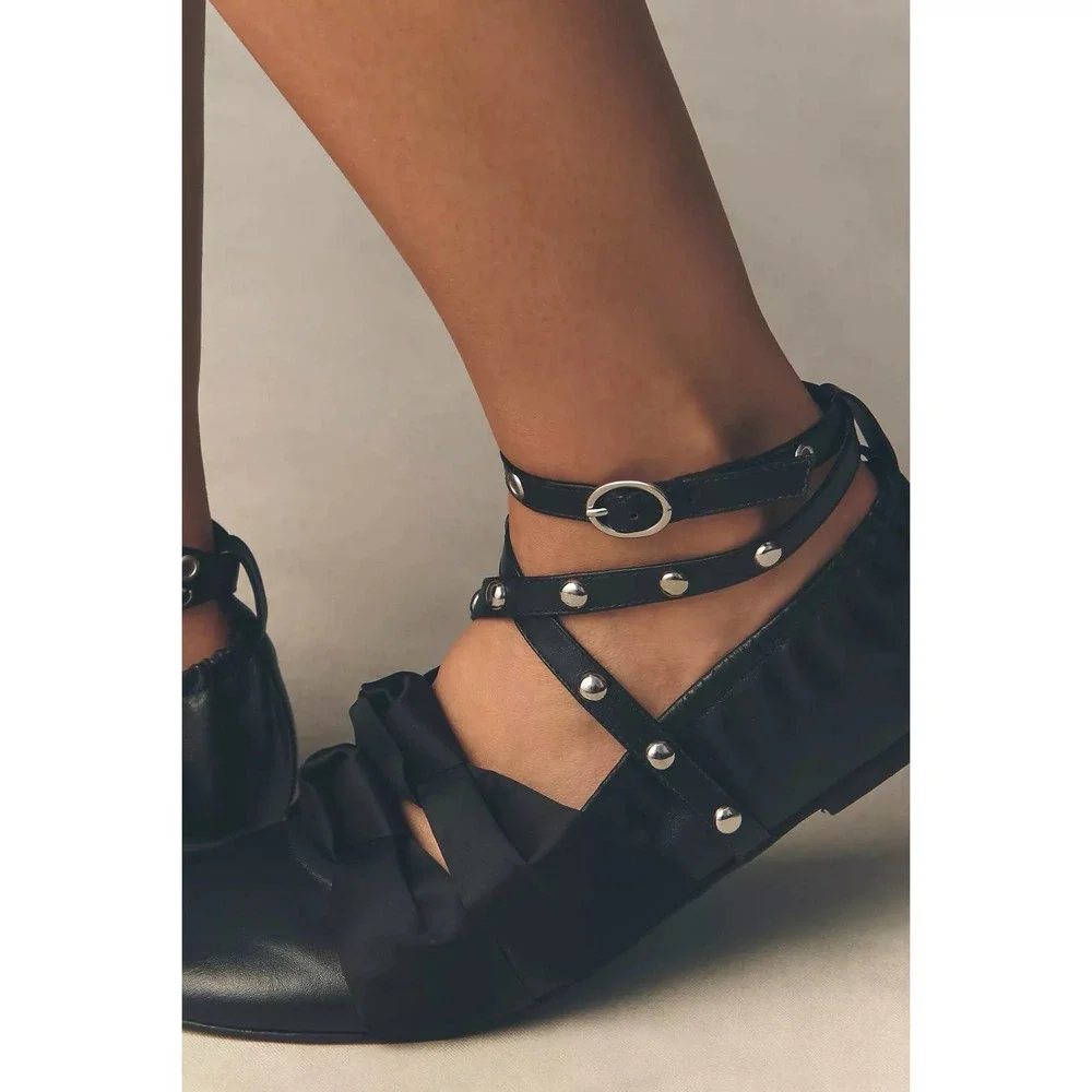 NIB Anthropologie Maeve Moto Ballet Flats EU 38/7-7.5 Black Leather Studded $178